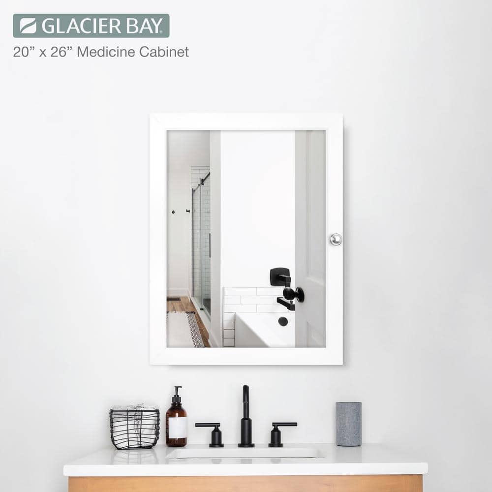 Glacier Bay 20 in. W x 26 in. H Rectangular Framed Recessed or Surface-Mount Bathroom Medicine Cabinet with Mirror, White