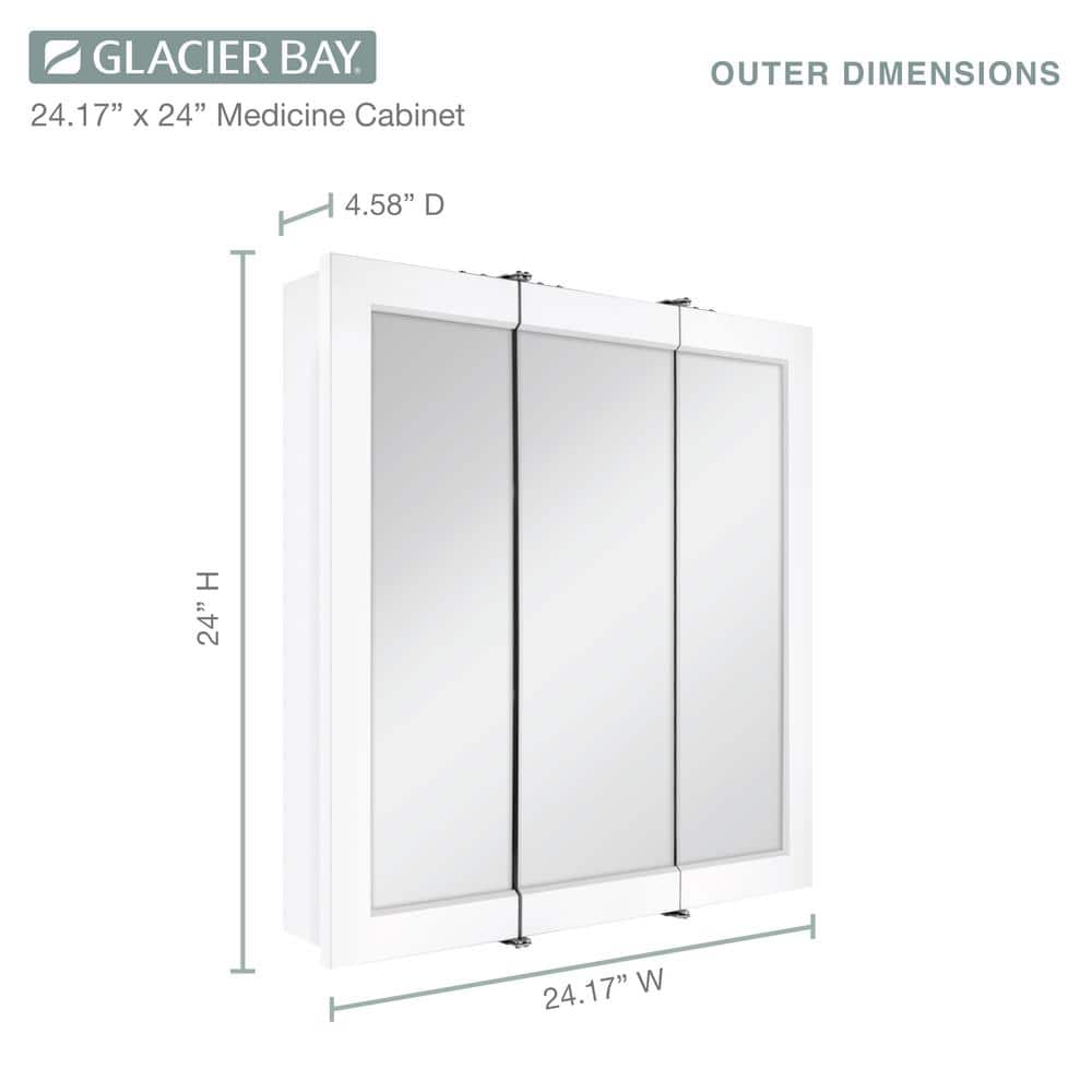 Glacier Bay 24-3/16 in. W x 24 in. H Framed Surface-Mount Tri-View Bathroom Medicine Cabinet with Mirror, White