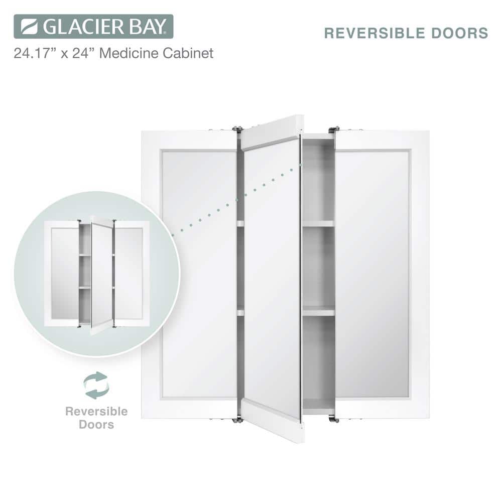 Glacier Bay 24-3/16 in. W x 24 in. H Framed Surface-Mount Tri-View Bathroom Medicine Cabinet with Mirror, White