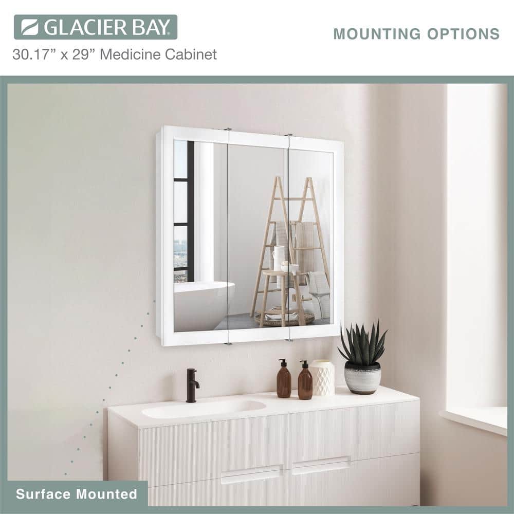 Glacier Bay 30-3/16 in. W x 29 in. H Framed Surface-Mount Tri-View Bathroom Medicine Cabinet with Mirror, White