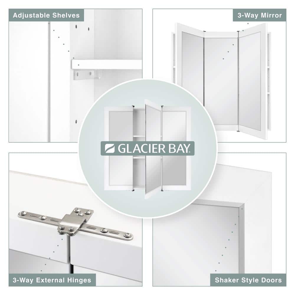 Glacier Bay 30-3/16 in. W x 29 in. H Framed Surface-Mount Tri-View Bathroom Medicine Cabinet with Mirror, White