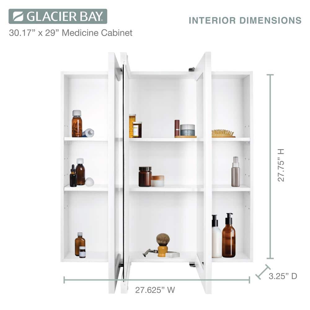 Glacier Bay 30-3/16 in. W x 29 in. H Framed Surface-Mount Tri-View Bathroom Medicine Cabinet with Mirror, White