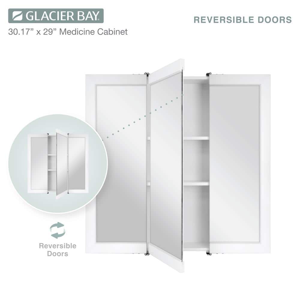 Glacier Bay 30-3/16 in. W x 29 in. H Framed Surface-Mount Tri-View Bathroom Medicine Cabinet with Mirror, White