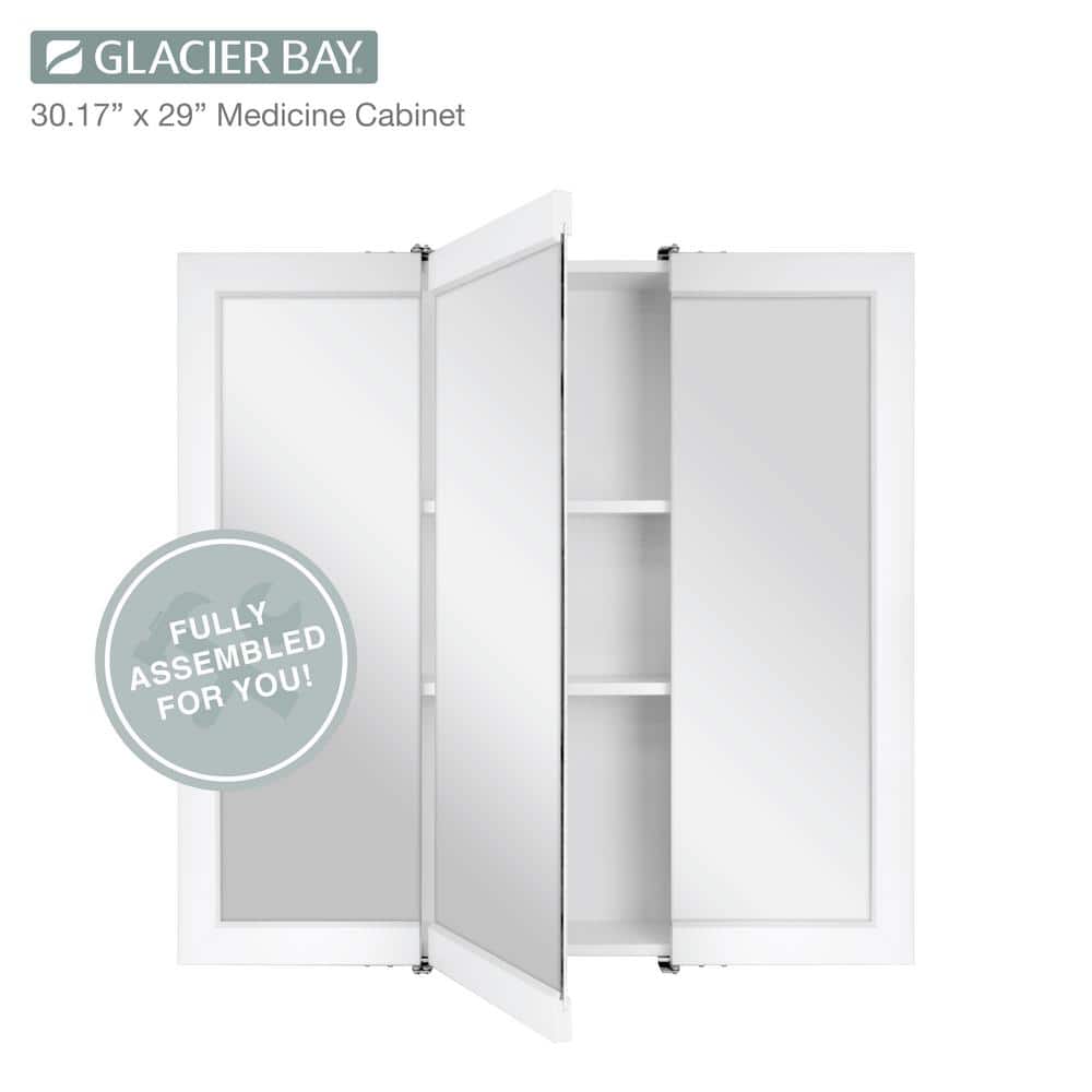 Glacier Bay 30-3/16 in. W x 29 in. H Framed Surface-Mount Tri-View Bathroom Medicine Cabinet with Mirror, White