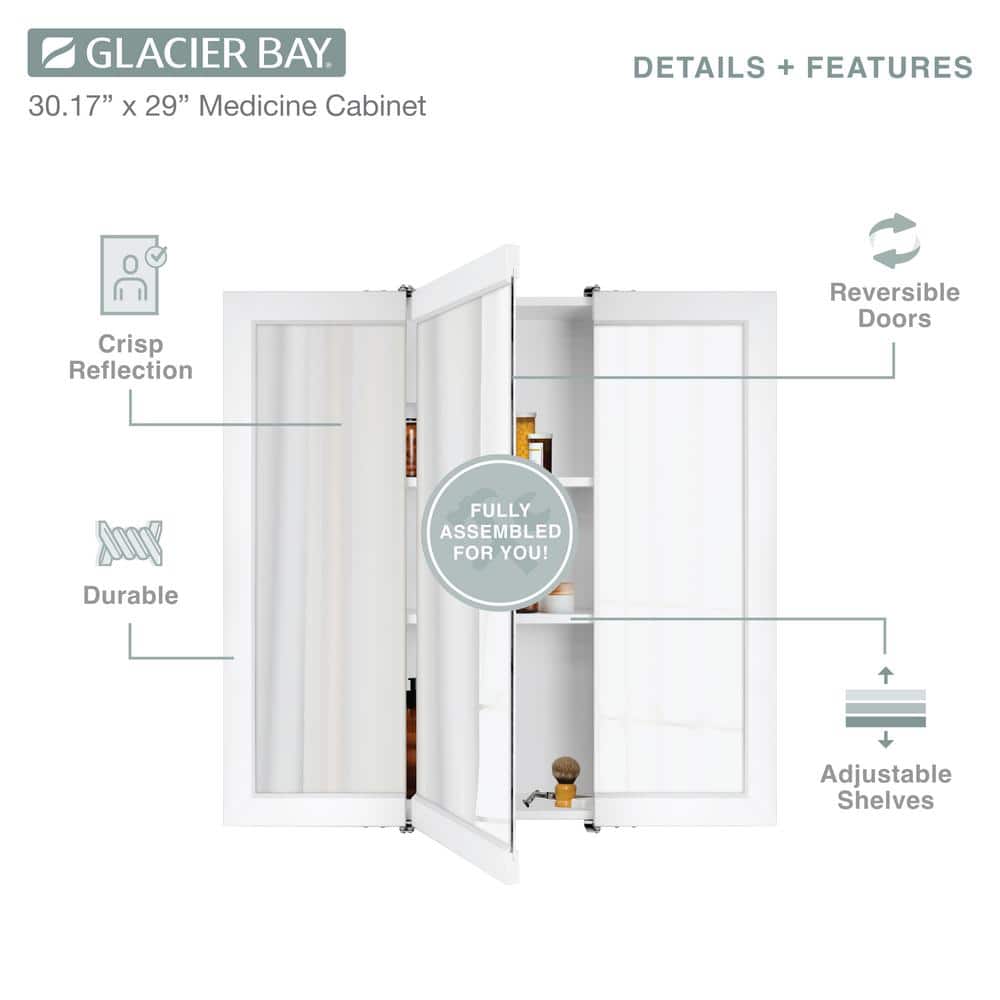 Glacier Bay 30-3/16 in. W x 29 in. H Framed Surface-Mount Tri-View Bathroom Medicine Cabinet with Mirror, White