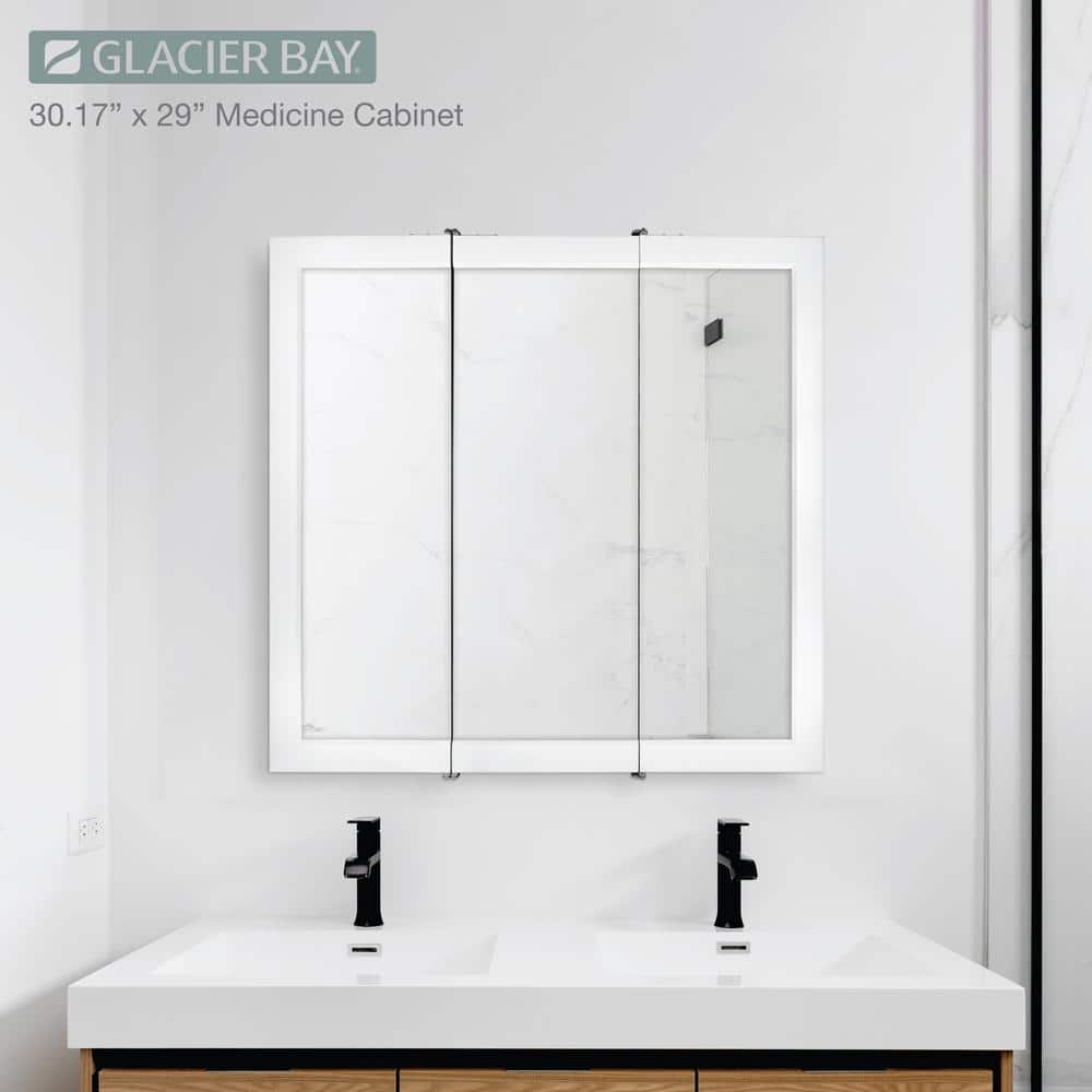 Glacier Bay 30-3/16 in. W x 29 in. H Framed Surface-Mount Tri-View Bathroom Medicine Cabinet with Mirror, White