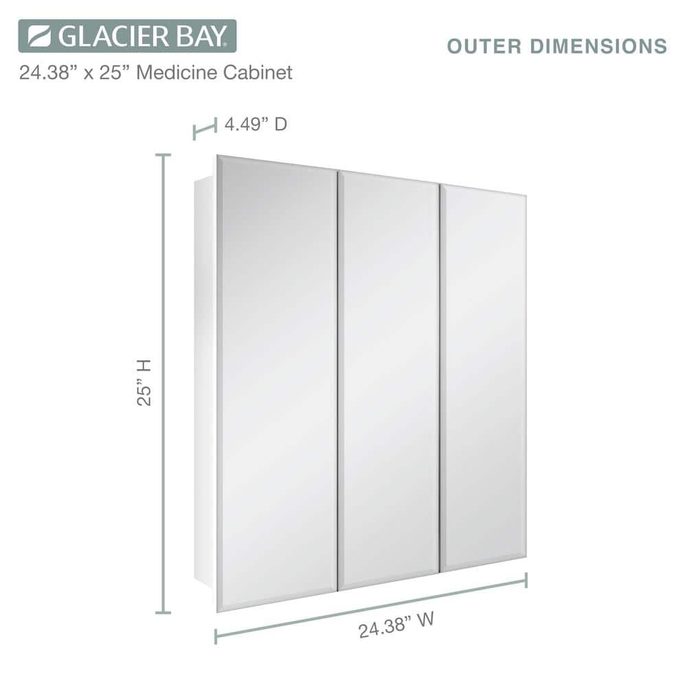 Glacier Bay 24.4 in. W x 25.2 in. H Rectangular Medicine Cabinet with Mirror in Silver with Adjustable Shelves