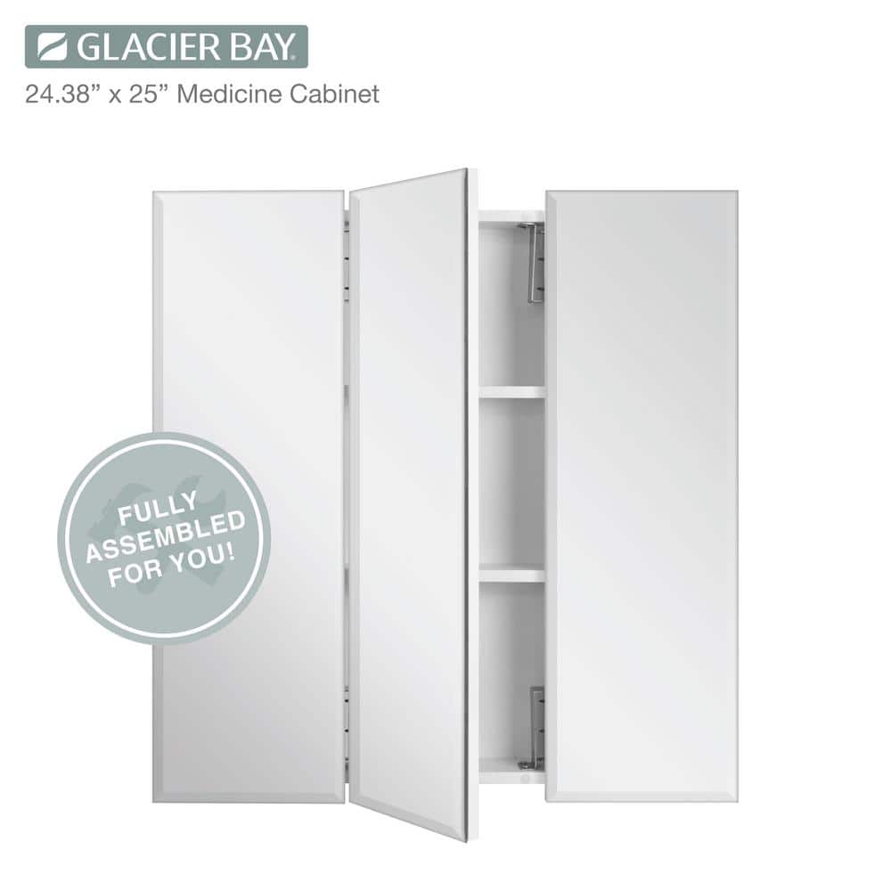 Glacier Bay 24.4 in. W x 25.2 in. H Rectangular Medicine Cabinet with Mirror in Silver with Adjustable Shelves
