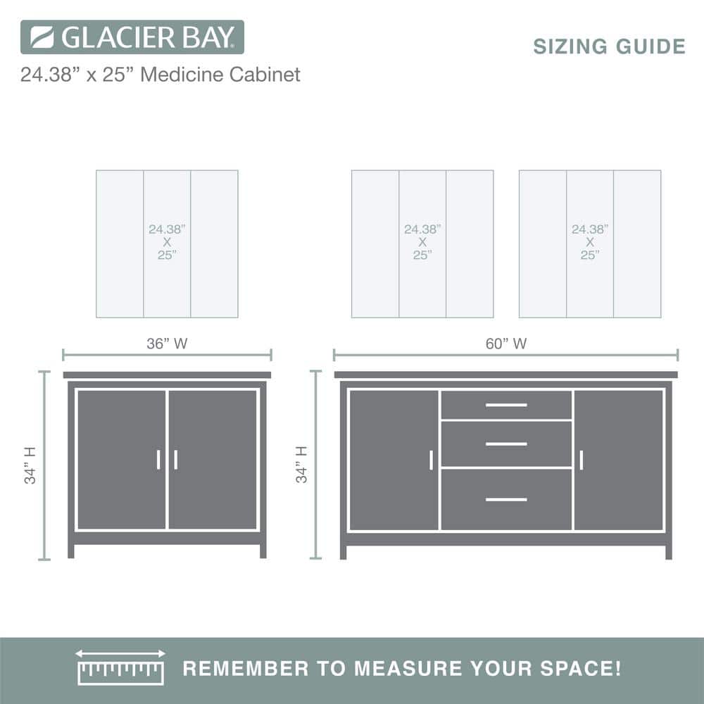 Glacier Bay 24.4 in. W x 25.2 in. H Rectangular Medicine Cabinet with Mirror in Silver with Adjustable Shelves