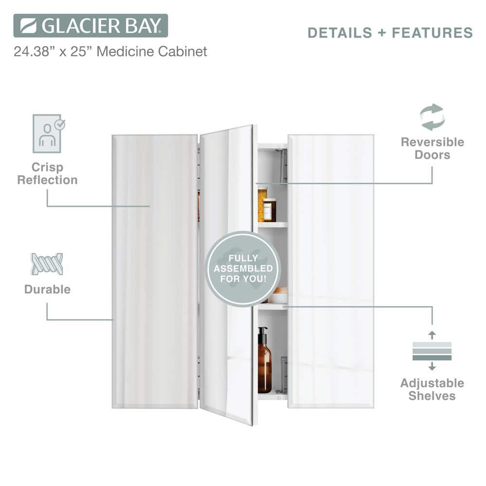 Glacier Bay 24.4 in. W x 25.2 in. H Rectangular Medicine Cabinet with Mirror in Silver with Adjustable Shelves