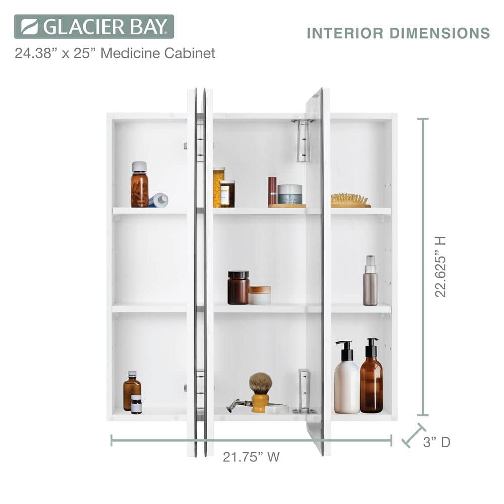 Glacier Bay 24.4 in. W x 25.2 in. H Rectangular Medicine Cabinet with Mirror in Silver with Adjustable Shelves