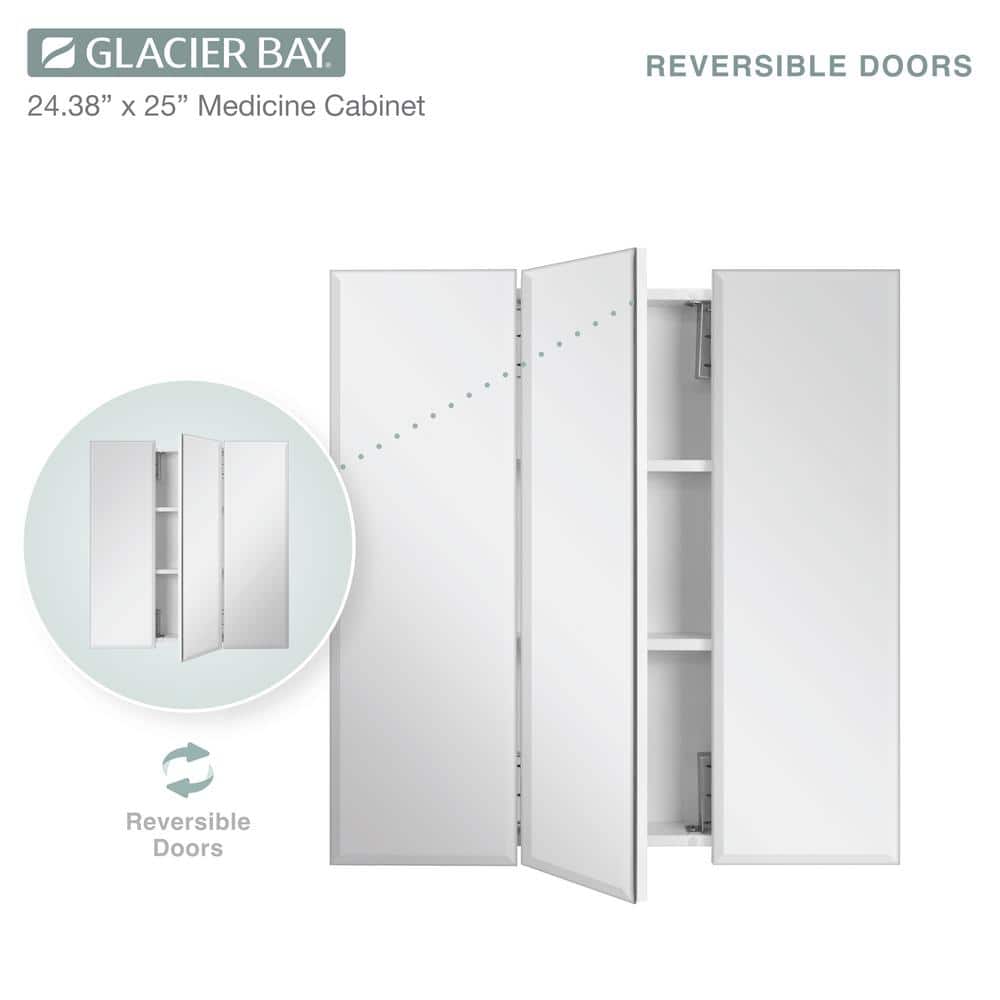 Glacier Bay 24.4 in. W x 25.2 in. H Rectangular Medicine Cabinet with Mirror in Silver with Adjustable Shelves