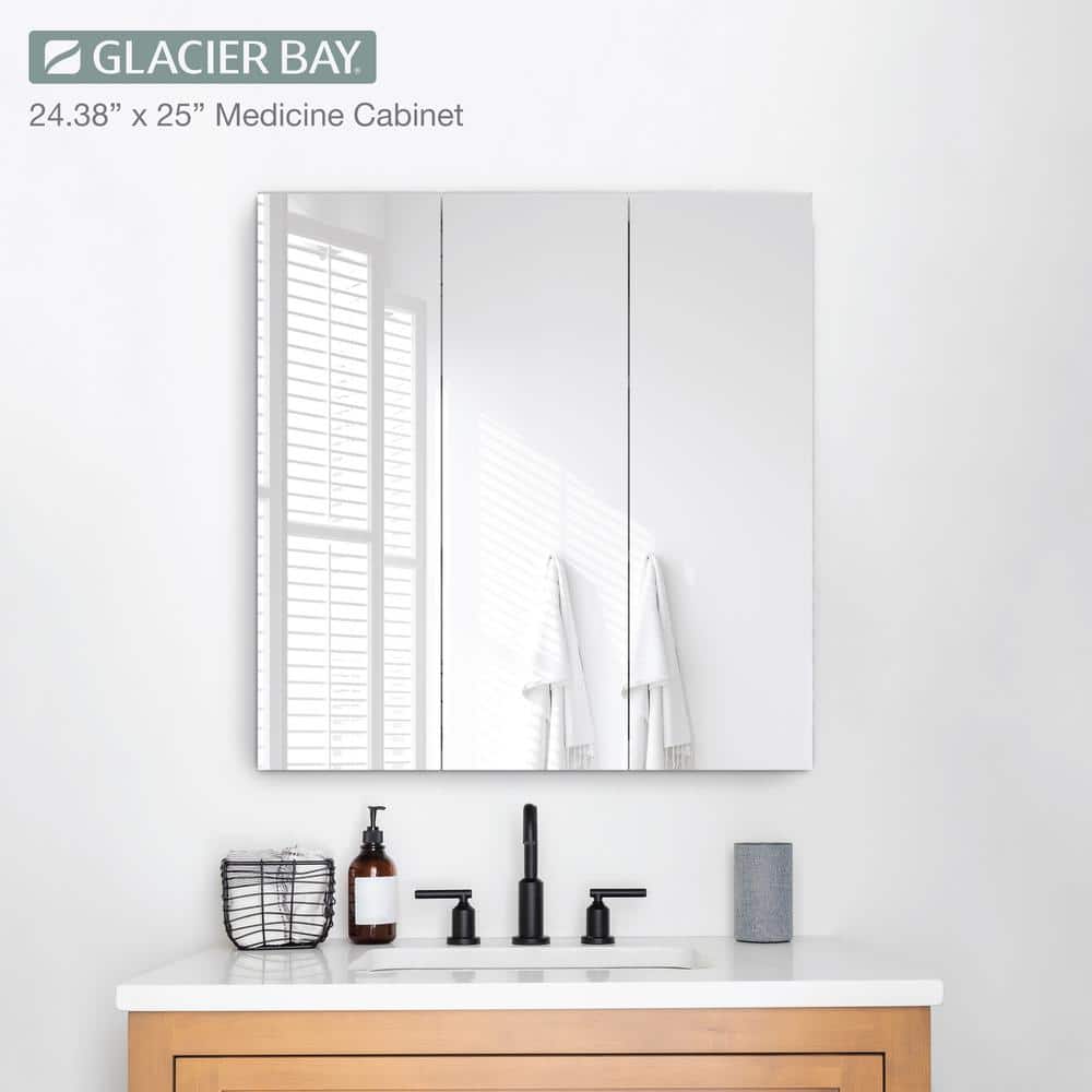 Glacier Bay 24.4 in. W x 25.2 in. H Rectangular Medicine Cabinet with Mirror in Silver with Adjustable Shelves