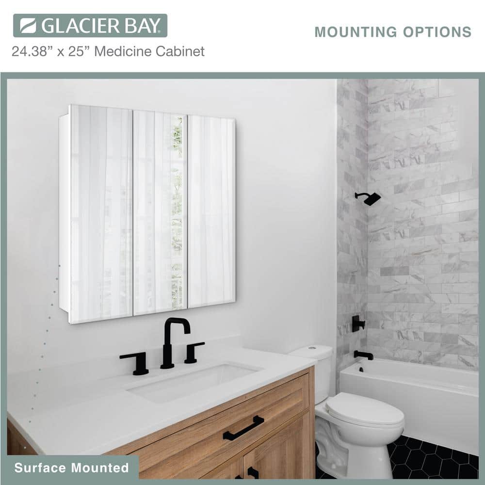 Glacier Bay 24.4 in. W x 25.2 in. H Rectangular Medicine Cabinet with Mirror in Silver with Adjustable Shelves