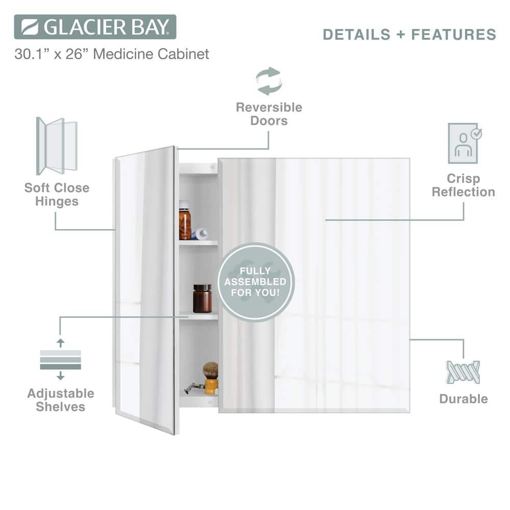 Glacier Bay 30 in. W x 26 in. H Rectangular Wood Composite Medicine Cabinet with Mirror