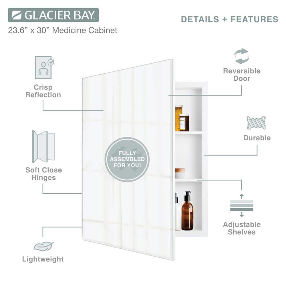 Glacier Bay 23.6 in. W x 30 in. H Rectangular Wood Composite Medicine Cabinet with Mirror