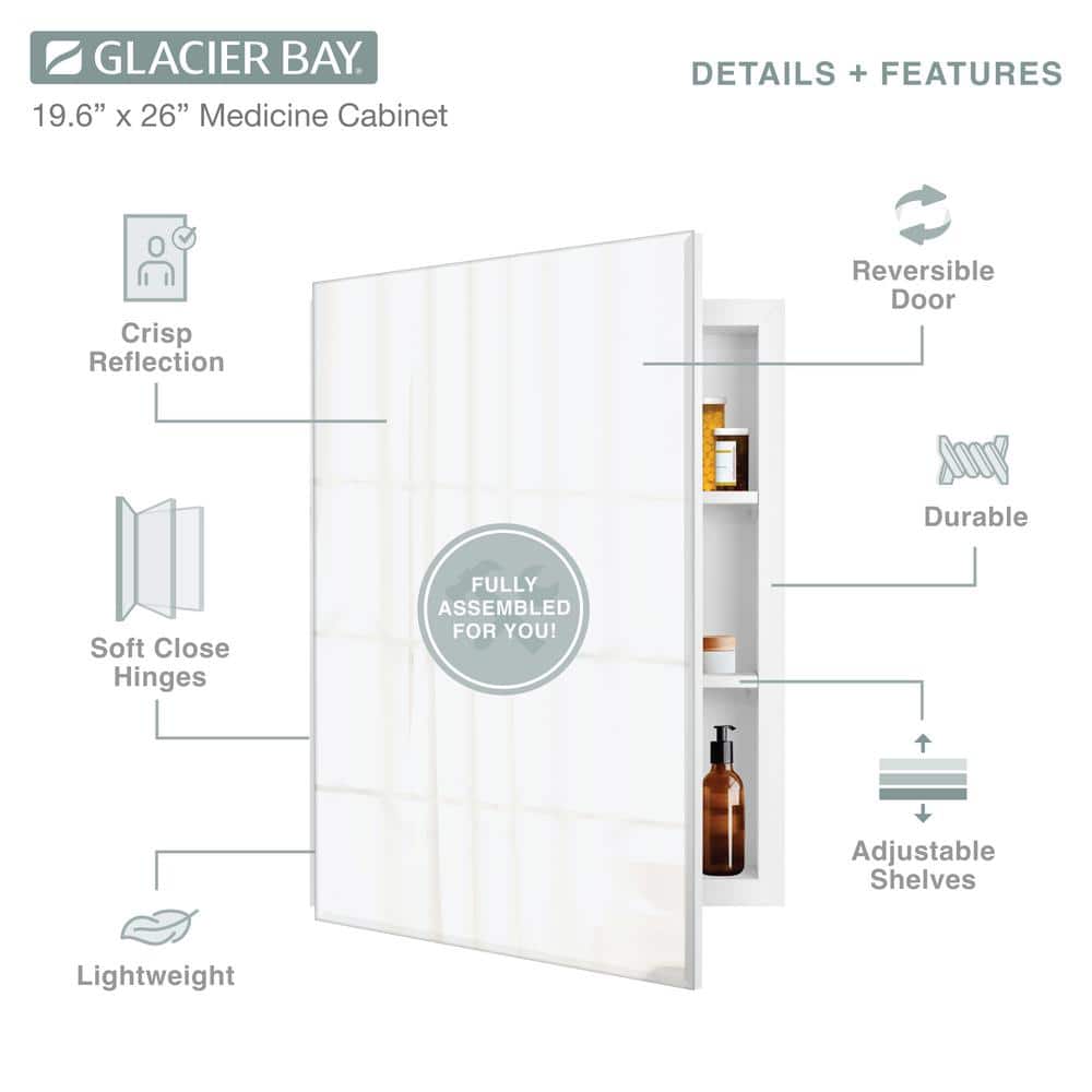 Glacier Bay 19-5/8 in. x 26 in. Rectangular Recessed or Surface Mount Beveled Frameless Medicine Cabinet with Mirror