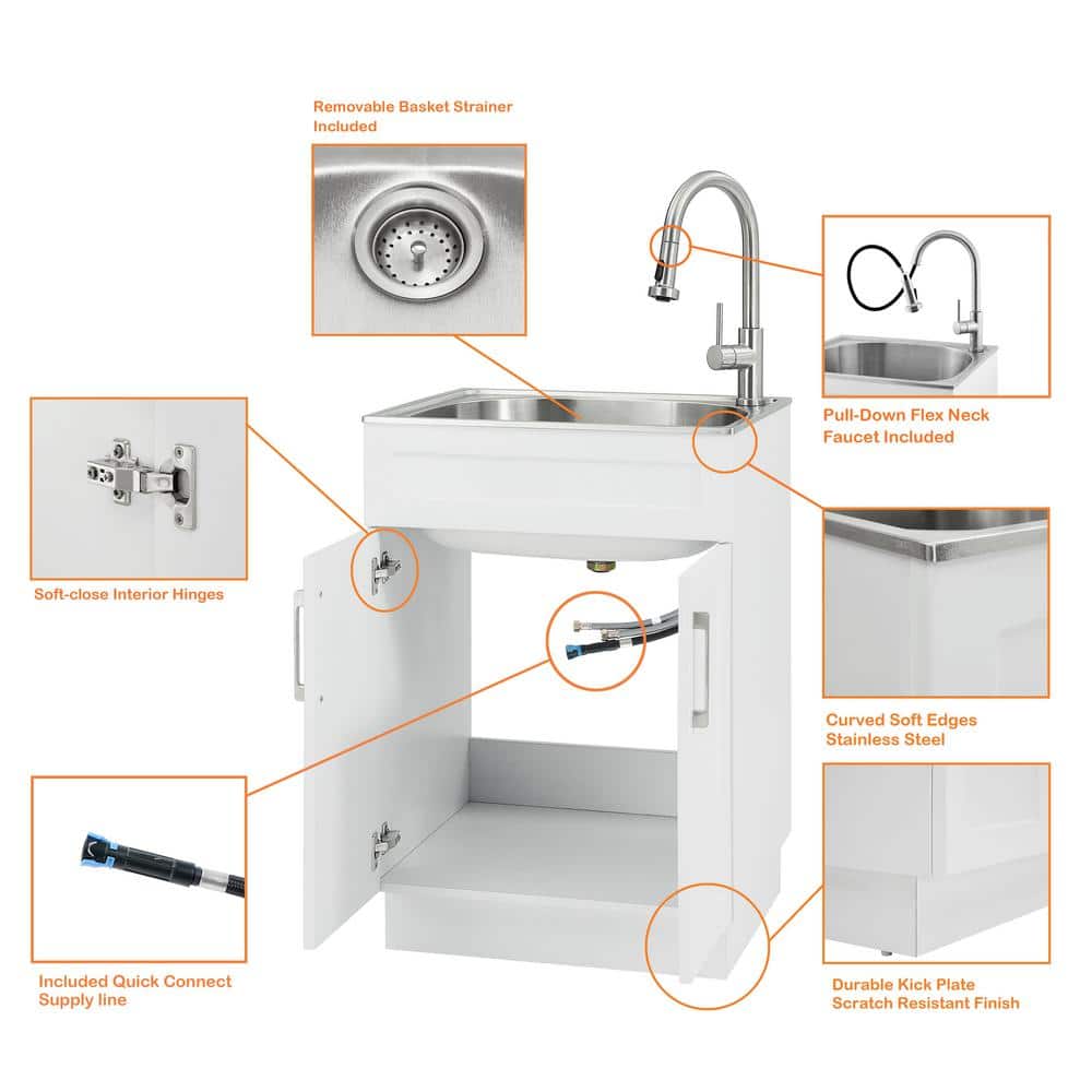 Glacier Bay All-in-One Stainless Steel Utility Sink with Faucet and Cabinet, White