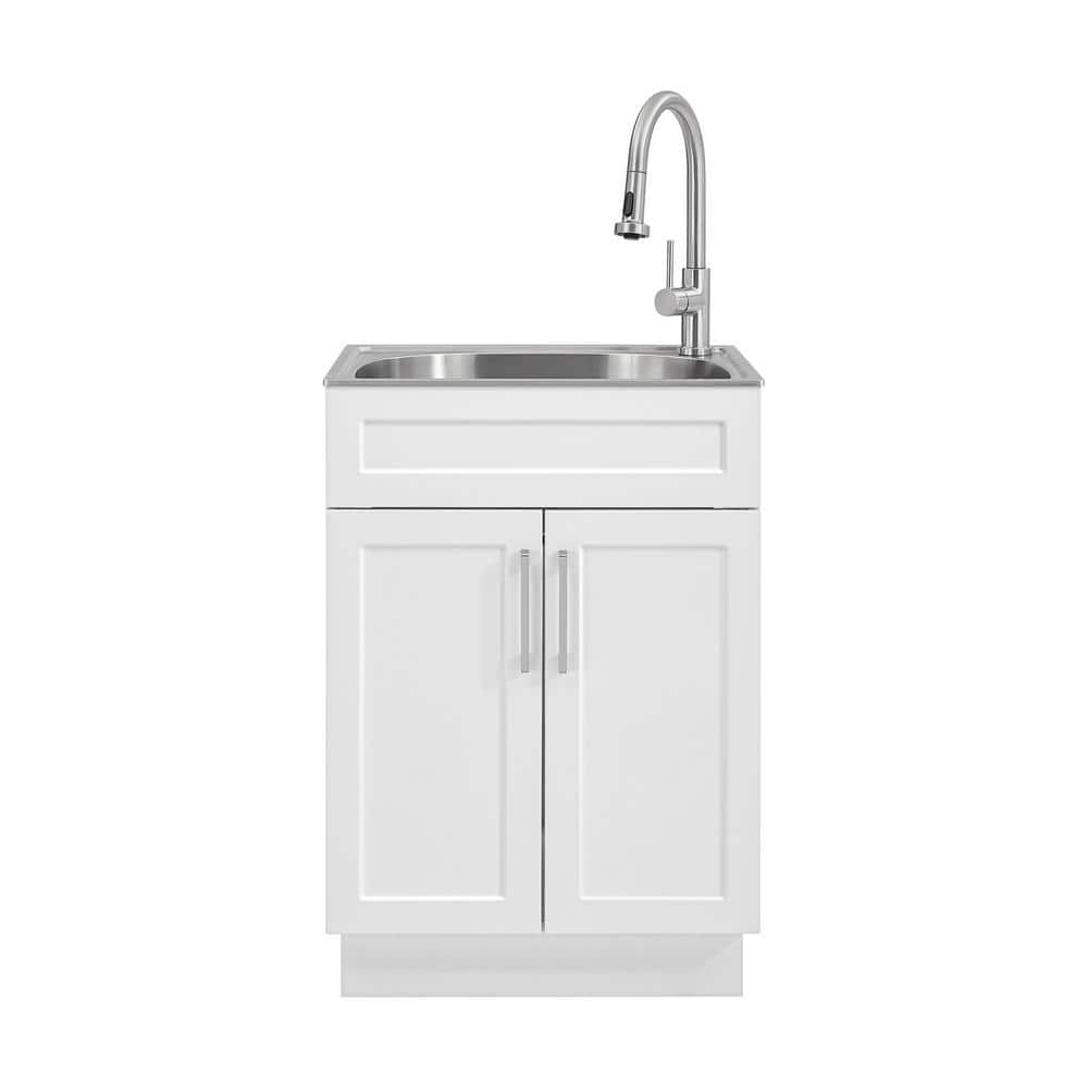 Glacier Bay All-in-One Stainless Steel Utility Sink with Faucet and Cabinet, White