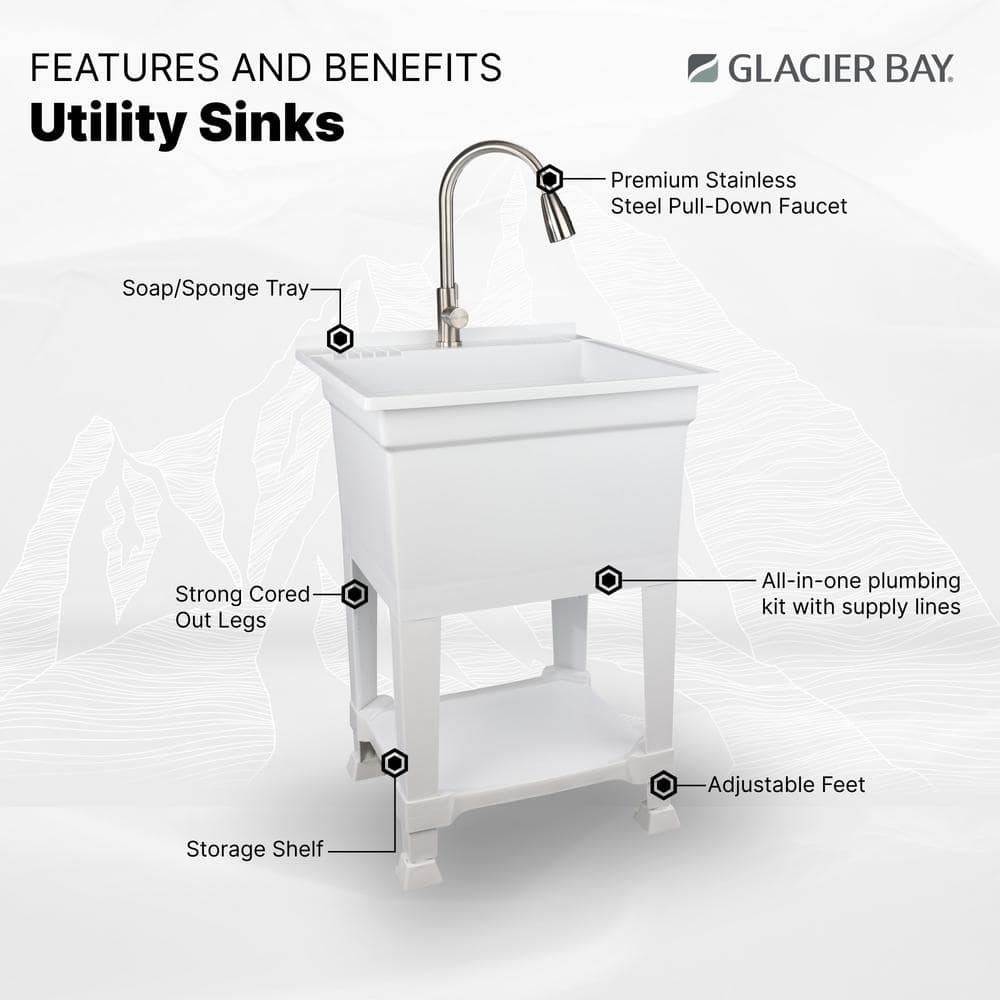 Glacier Bay 24" Freestanding Laundry/Utility Sink with Stainless Pull-Out Faucet
