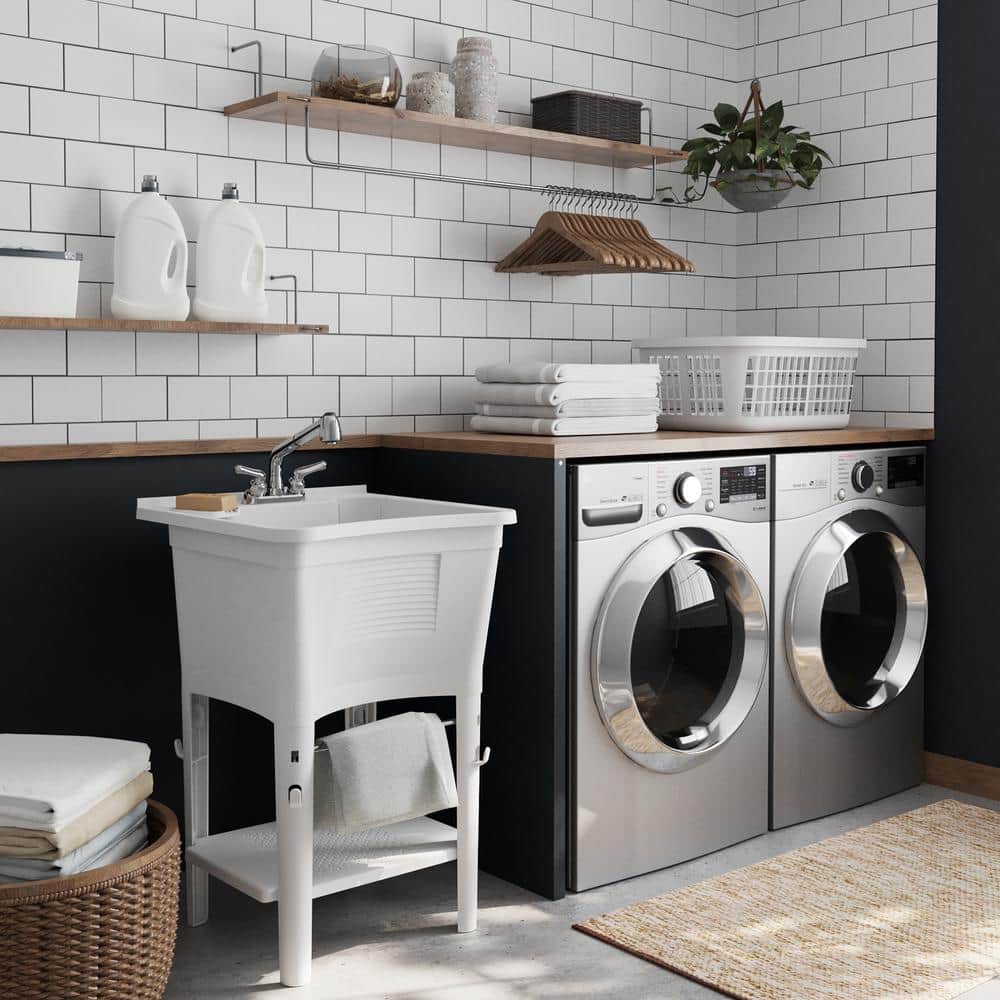 Glacier Bay 24.1 in White Laundry & Utility Sink Work Center with Chrome Faucet