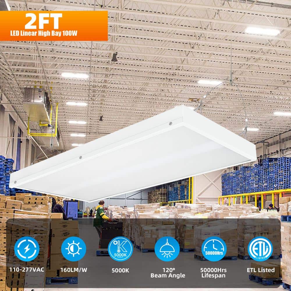 Honbei 2 ft. 500-Watt Equivalent Integrated LED White High Bay Light, 16000Lumens Industrial Workshop Linear Hanging Light