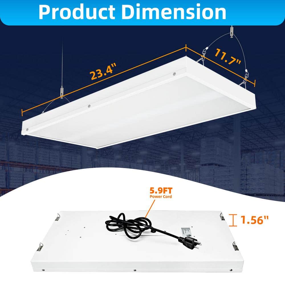 Honbei 2 ft. 500-Watt Equivalent Integrated LED White High Bay Light, 5000K Daylight Linear Hanging Light for Warehouse 2Pack