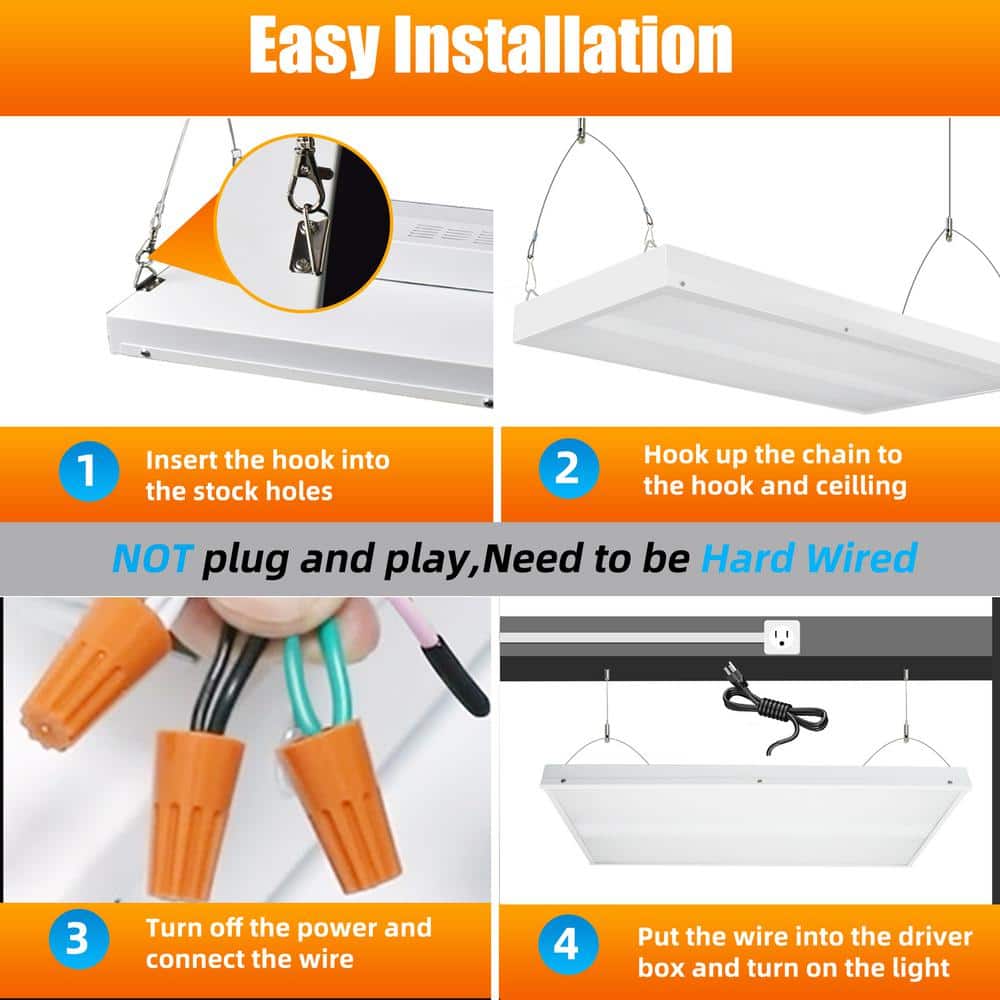 Honbei 2 ft. 500-Watt Equivalent Integrated LED White High Bay Light, 5000K Industrial Workshop Linear Hanging Light (6-Pack)