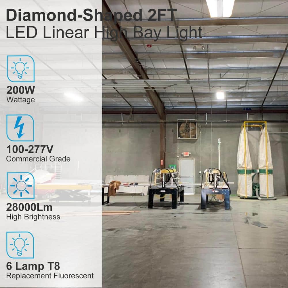 Unbranded Diamond 2 ft. LED High Bay Shop Light - 200-Watt Equiv. 800-Watt, 5000K Linear Hanging Light for Warehouse, (6-Pack)