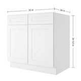 HOMEIBRO 33 in. W x 34-1/2 in. H x 24 in. D White Painted Shaker Style Ready to Assemble Base Cabinet with 2-Drawers