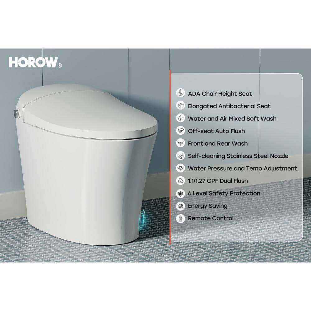 HOROW 1/1.27 GPF Tankless Smart Toilet Bidet with Dual Flush System, White
