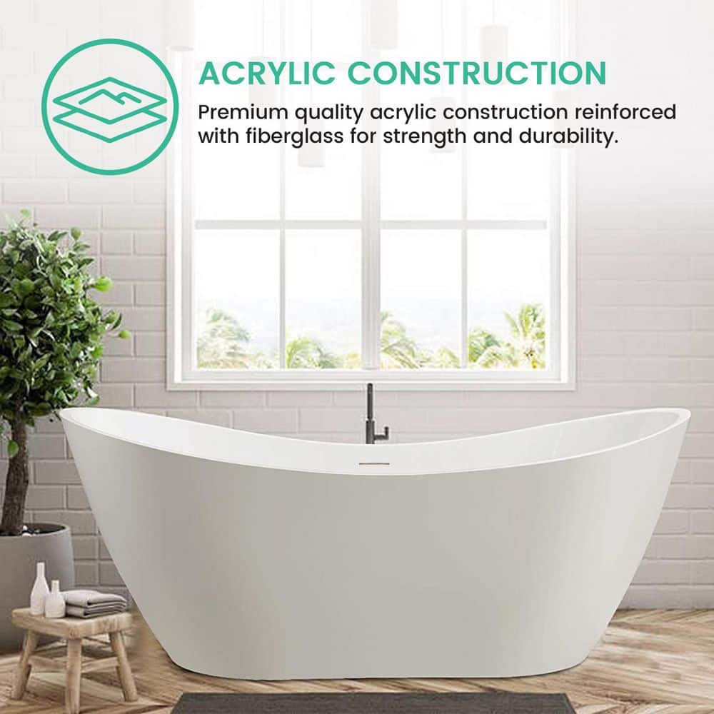 Vanity Art 71 in. Acrylic Flatbottom Freestanding Bathtub in White/Integrated Overflow