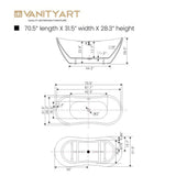 Vanity Art 71 in. Acrylic Flatbottom Freestanding Bathtub in White/Integrated Overflow