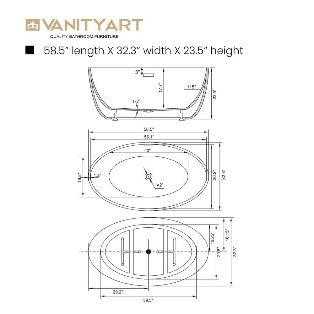 Vanity Art 59 in. Acrylic Flatbottom Freestanding Bathtub in White with Integrated Overflow