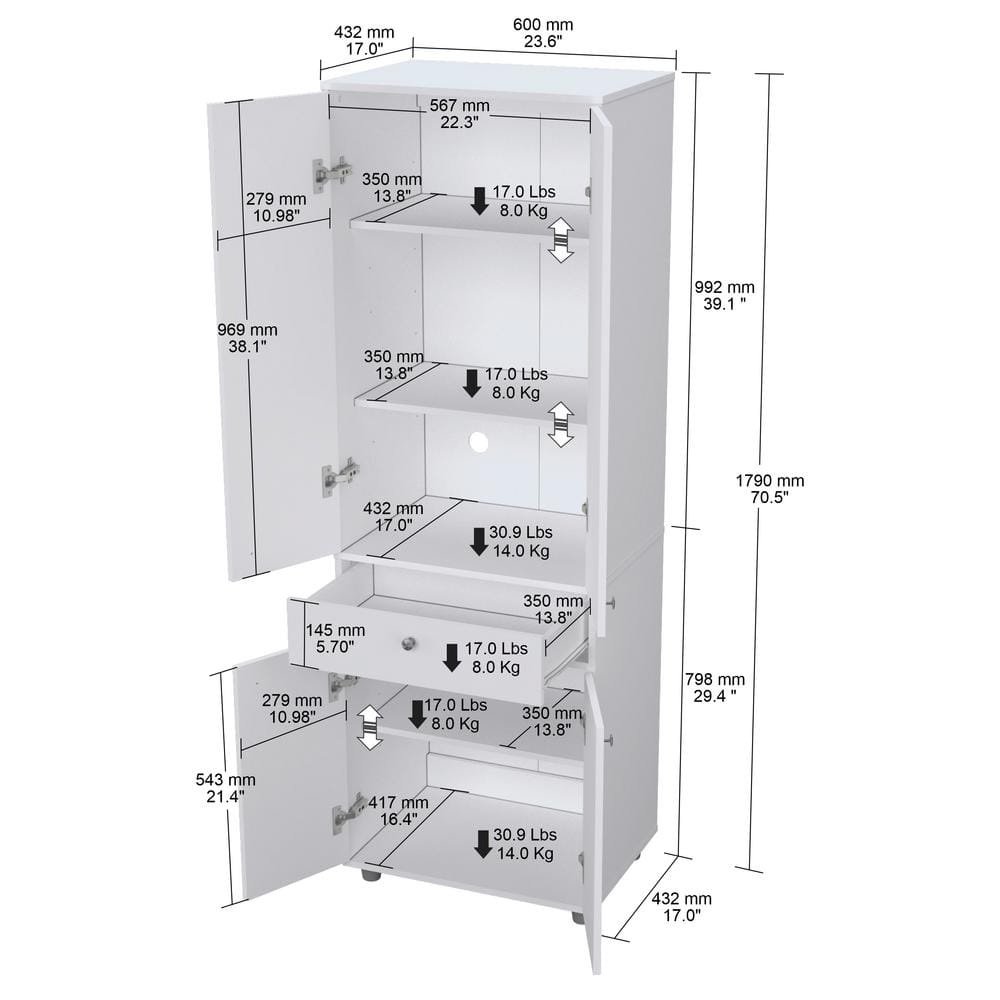 inval america LLC 23.62 in. W x 17.17 in. D x 70.47 in. H Kitchen Storage Cabinet and Pantry in White