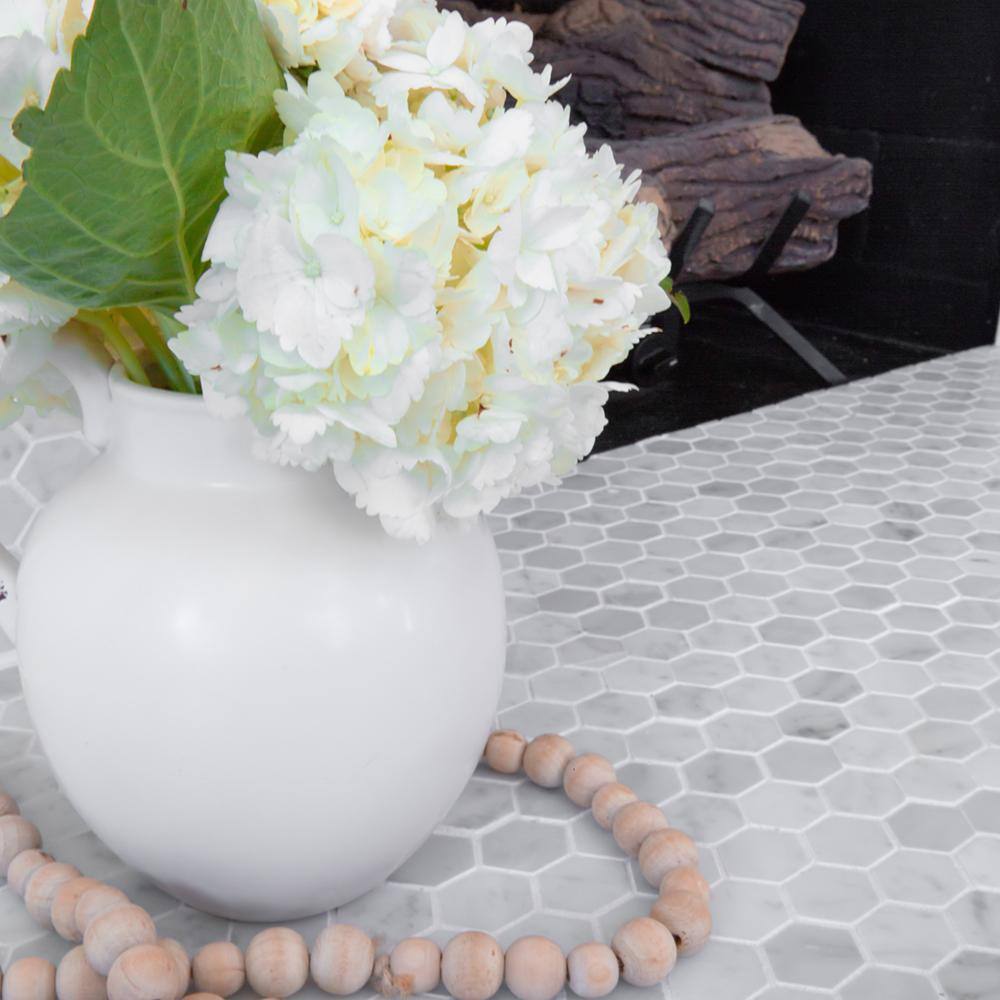 Jeffrey Court Carrara Constellation White 10.75 in. x 11.375 in. x 8 mm Hexagon Honed Marble Wall and Floor Mosaic Tile