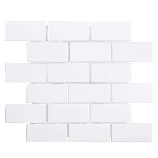 Jeffrey Court Classic 2 x 4 Brick White 11.625 in. x 11.625 in. x 6 mm Interlocking Glossy Porcelain Wall and Floor Mosaic Tile