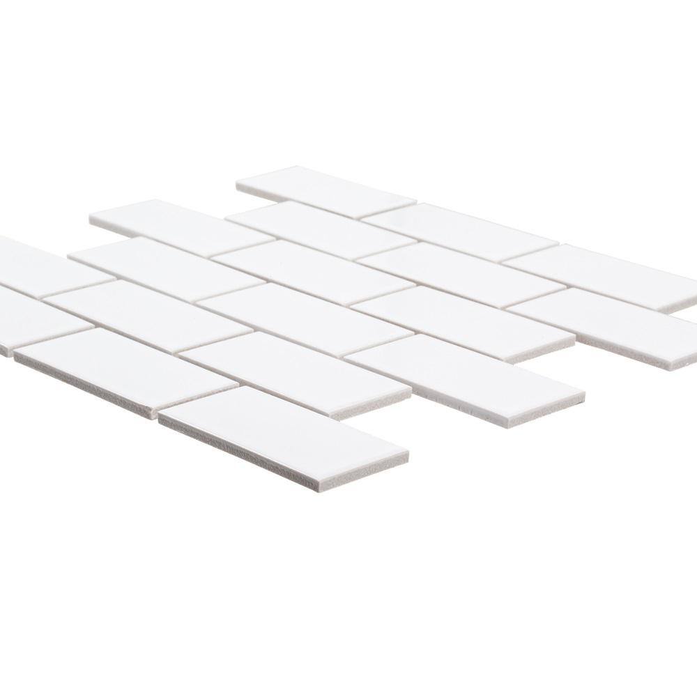Jeffrey Court Classic 2 x 4 Brick White 11.625 in. x 11.625 in. x 6 mm Interlocking Glossy Porcelain Wall and Floor Mosaic Tile
