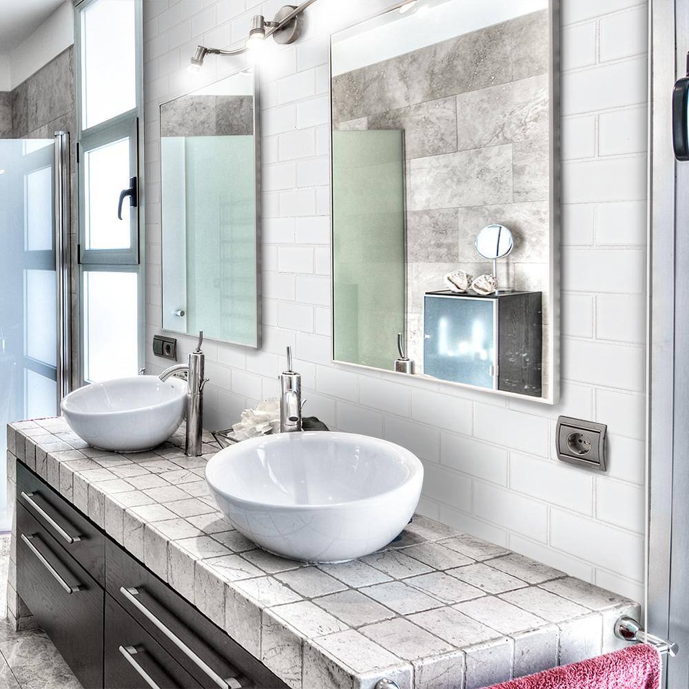 Jeffrey Court Classic 2 x 4 Brick White 11.625 in. x 11.625 in. x 6 mm Interlocking Glossy Porcelain Wall and Floor Mosaic Tile