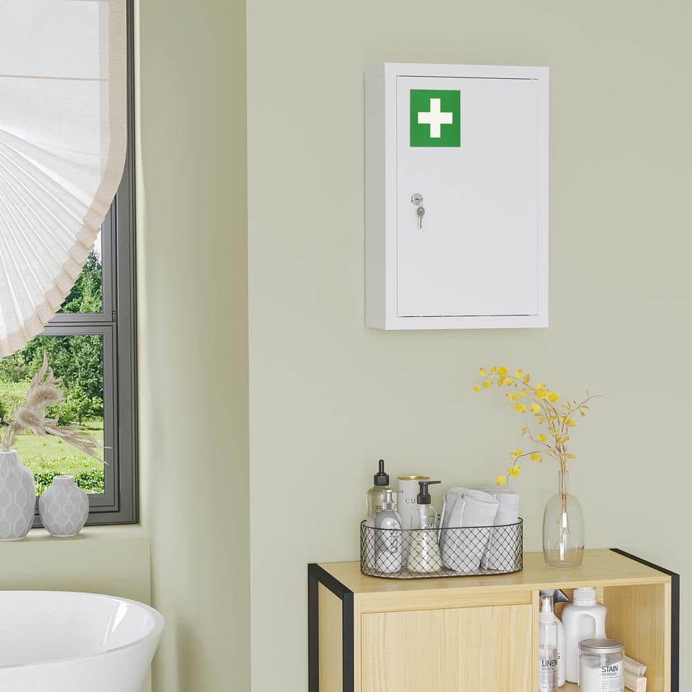 kleankin 11.75 in. W x 18 in. H White Recessed Wall Medicine Cabinet without Mirror for Bathroom with 2 Keys