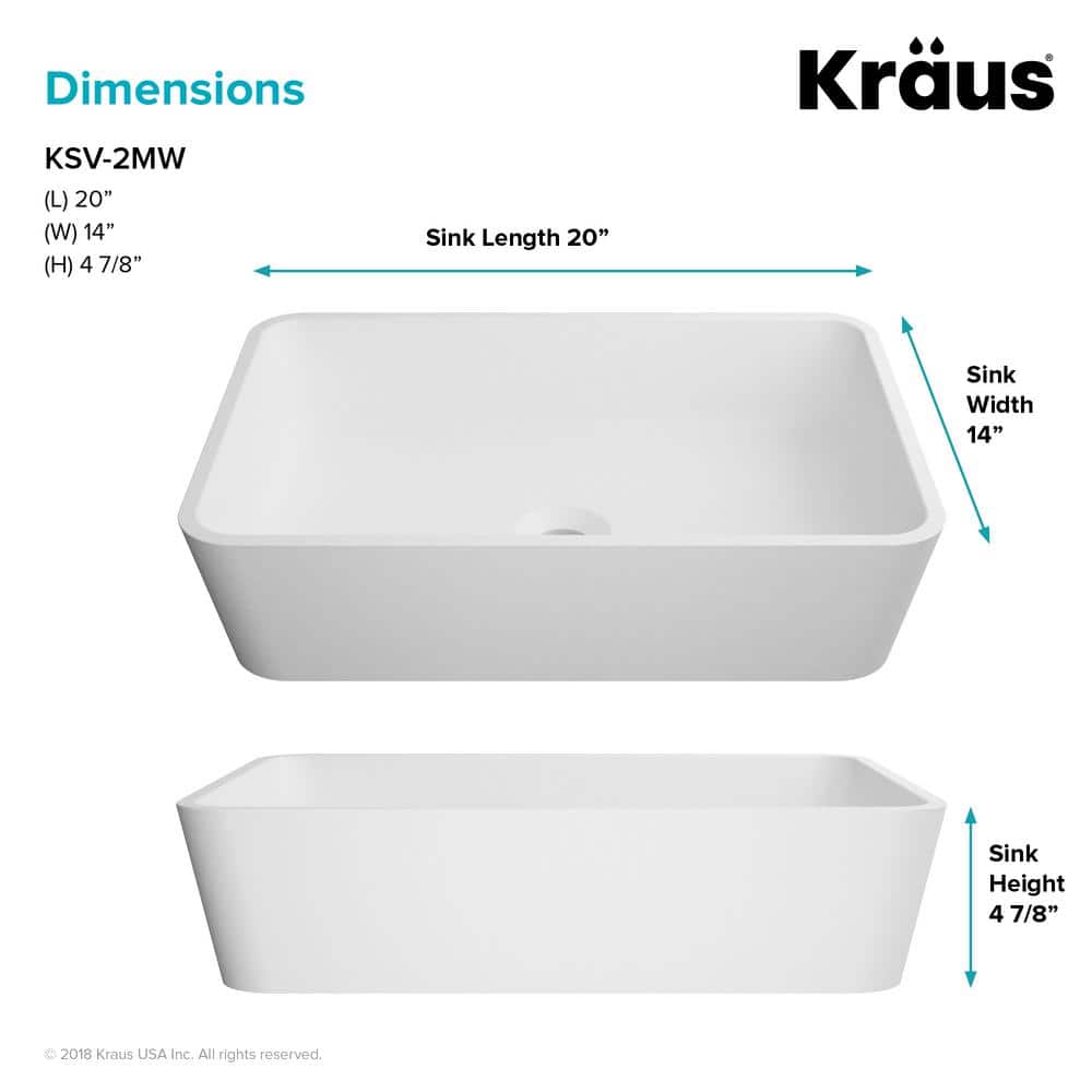 KRAUS Natura Rectangle Solid Surface Vessel Sink in White, 20 x 14 x 4-7/8 in (KSV-2MW)