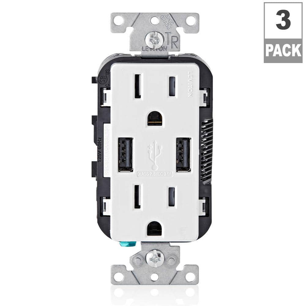 Leviton 15 Amp Decora Combination Tamper-Resistant Duplex Outlet with Dual USB-A Charger, White (3-Pack)