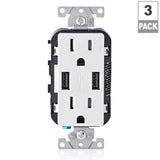Leviton 15 Amp Decora Combination Tamper-Resistant Duplex Outlet with Dual USB-A Charger, White (3-Pack)