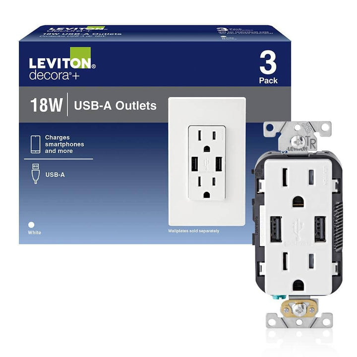 Leviton 15 Amp Decora Combination Tamper-Resistant Duplex Outlet with Dual USB-A Charger, White (3-Pack)