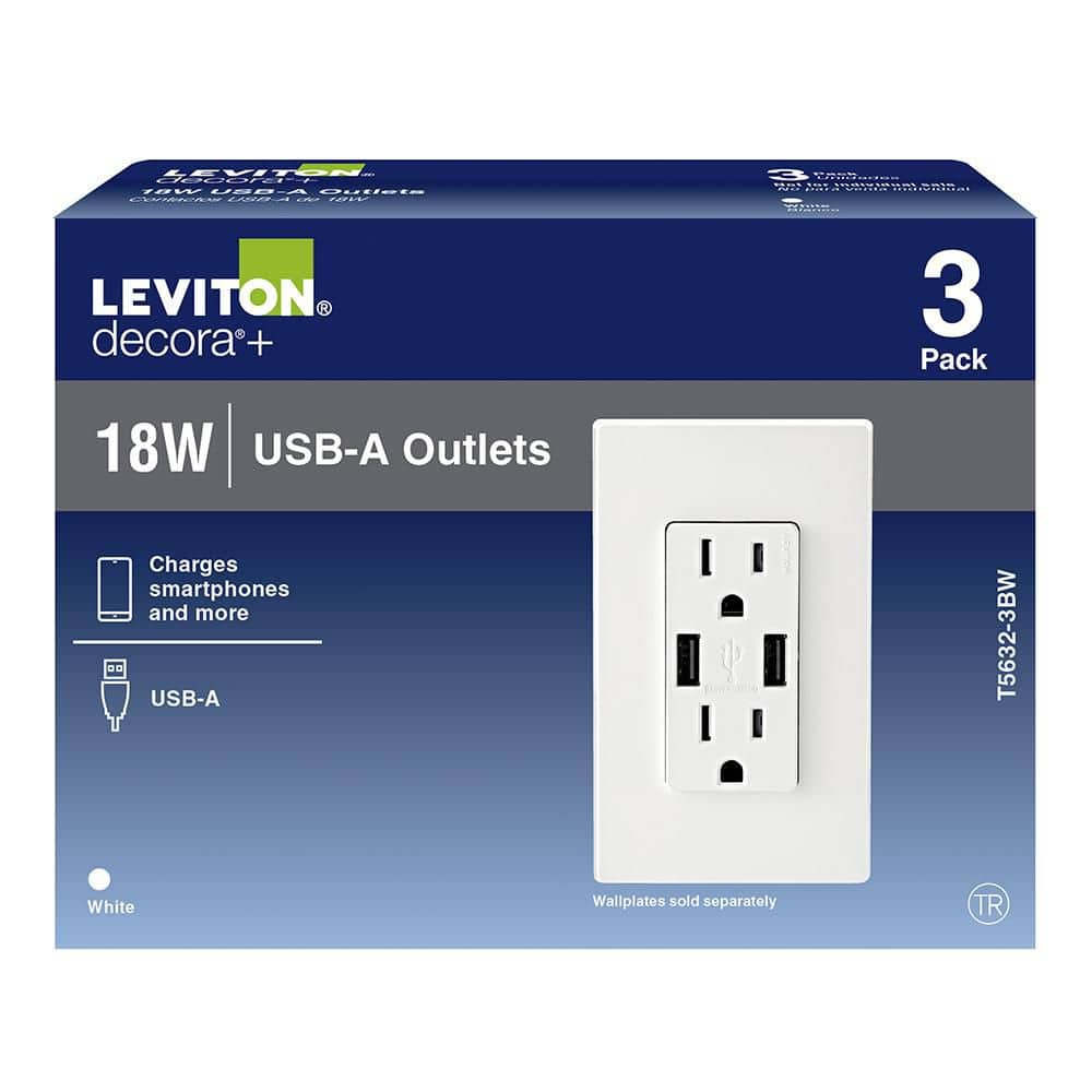 Leviton 15 Amp Decora Combination Tamper-Resistant Duplex Outlet with Dual USB-A Charger, White (3-Pack)