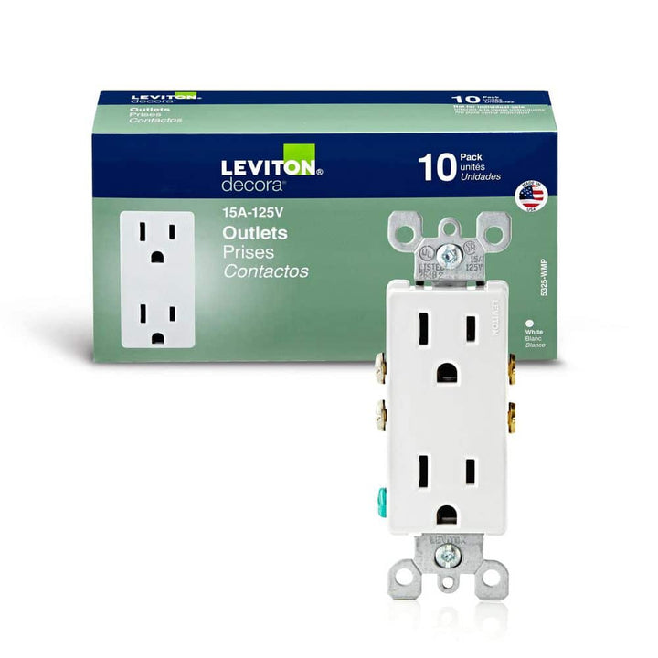 Leviton Decora 15 Amp Residential Grade Grounding Duplex Outlet, White (10-Pack)