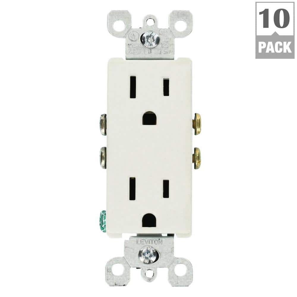 Leviton Decora 15 Amp Residential Grade Grounding Duplex Outlet, White (10-Pack)