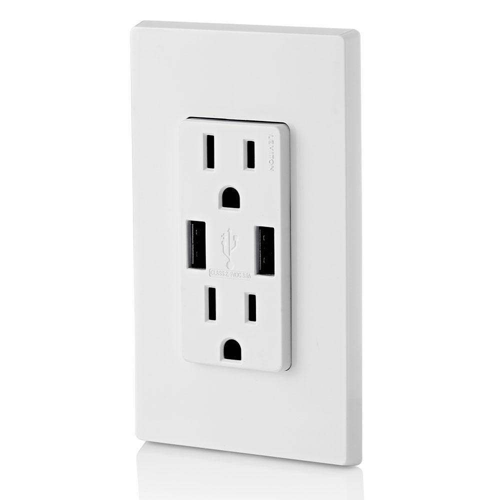 Leviton Decora 15 Amp Combination Duplex Outlet with Dual USB-A Charger, White (2-Pack)