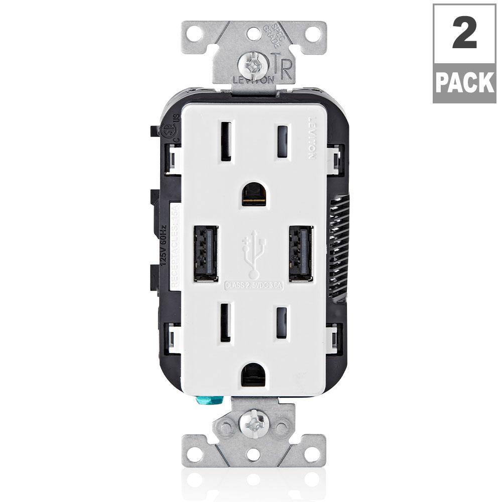 Leviton Decora 15 Amp Combination Duplex Outlet with Dual USB-A Charger, White (2-Pack)