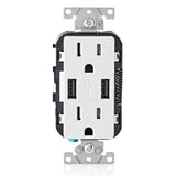 Leviton 3.6A USB Dual Type A In‑Wall Charger with 15 Amp Tamper‑Resistant Outlets, White